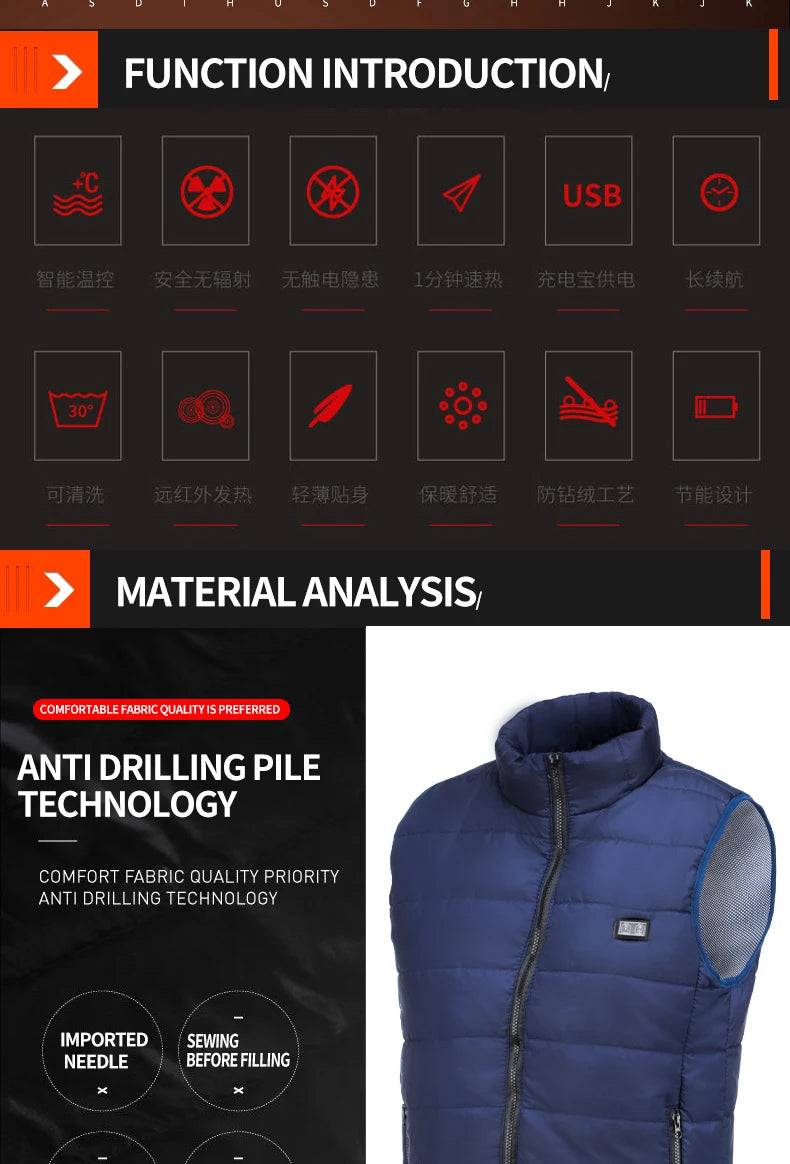 9 Heated Vest Zones Electric Heated Jackets Men Women Sportswear Heated Coat Graphene Heat Coat USB Heating Jacket For Camping