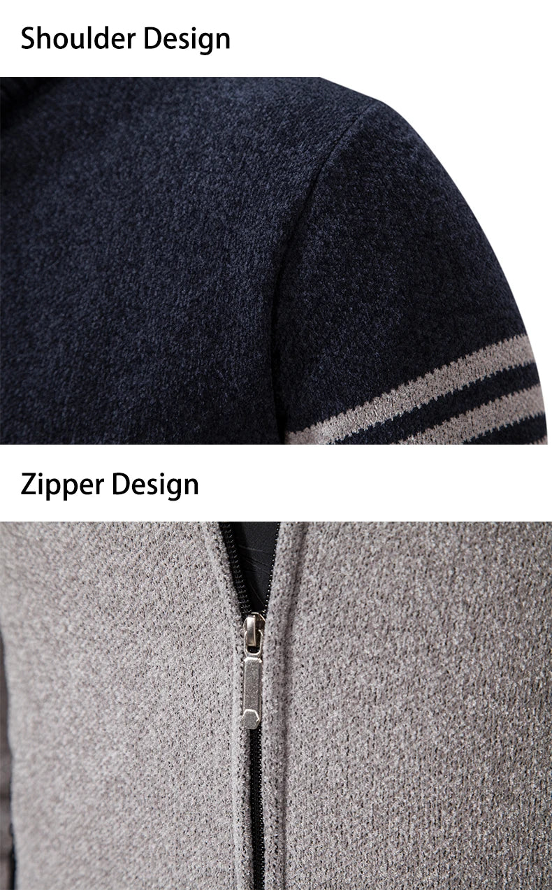 Men's New Winter Sweater Thick Fleece Warm Sweater Casual Stand Collar Zipper Cardigan Fashion Striped Coat