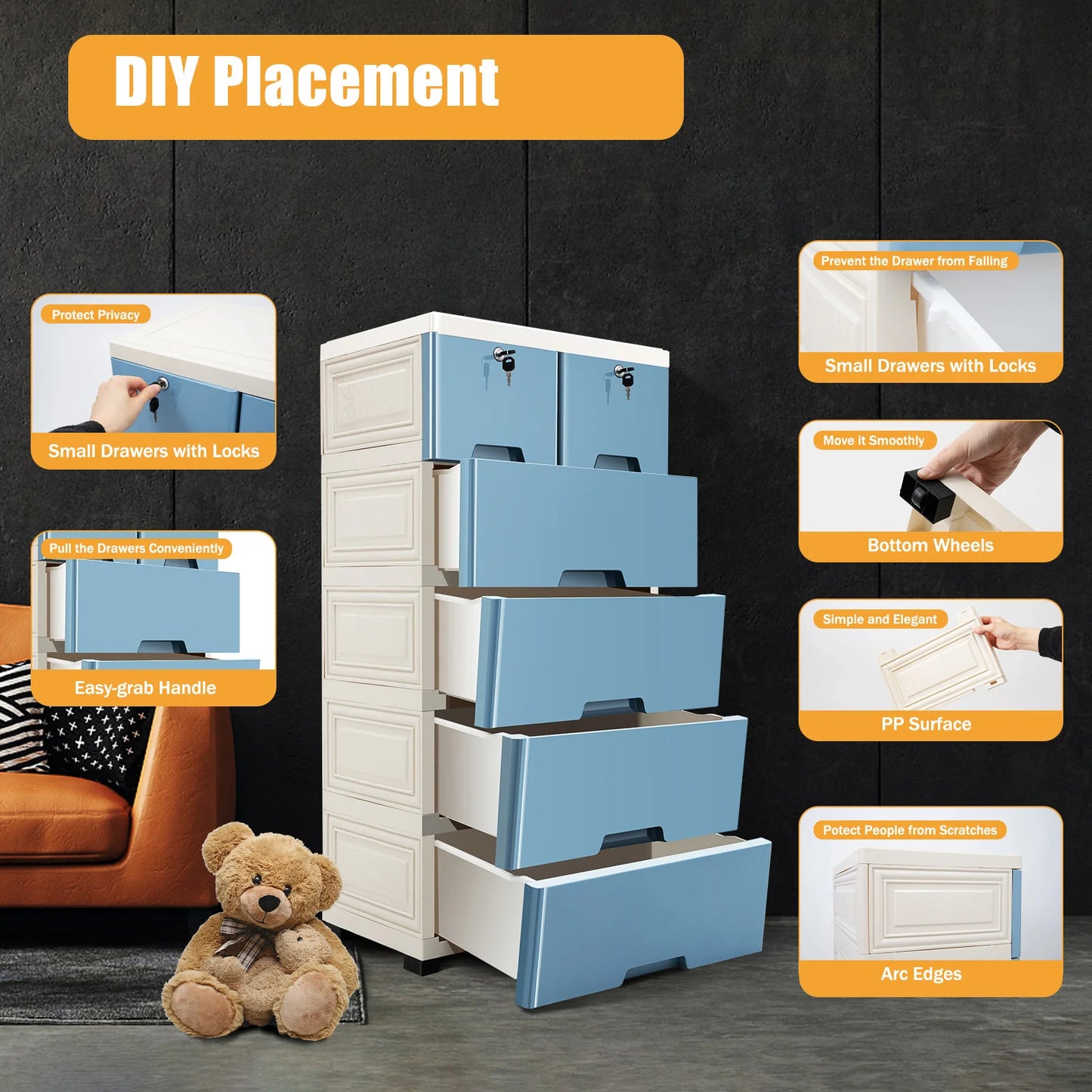 Plastic Dressers with 6 Drawers Plastic Drawers Organizer with 4 Wheels Tall Plastic Storage Cabinet Vertical Clothes Storage