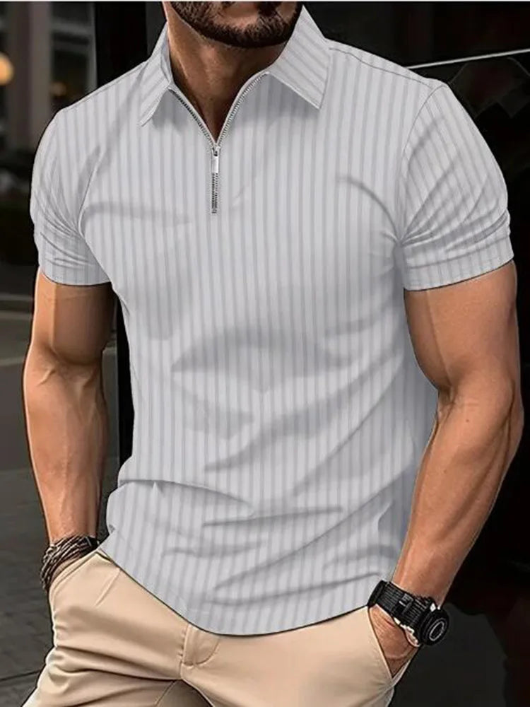 Summer Men Stripe Fashion Short Sleeve Lightweight Business Casual Polo Shirt Half Zip Solid Elastic Office Short Sleeve T-shirt