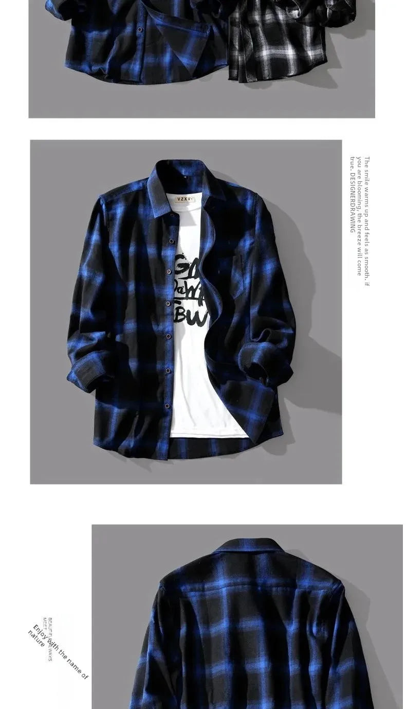 Trendy Black White Plaid Shirt Men's Korean Style Loose Fit Casual Long Sleeve Top Jacket Fashionable Spring Autumn