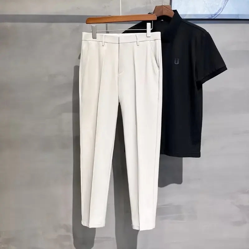 2023 Summer New Men's Cropped Pants Korean Style Trendy Casual Slim Fit Suit Pants Lightweight Smooth Out Your Silhouette