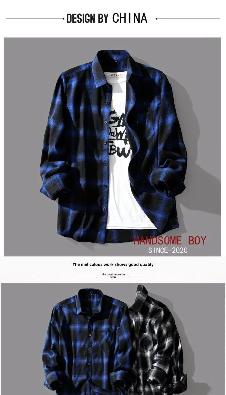 Trendy Black White Plaid Shirt Men's Korean Style Loose Fit Casual Long Sleeve Top Jacket Fashionable Spring Autumn