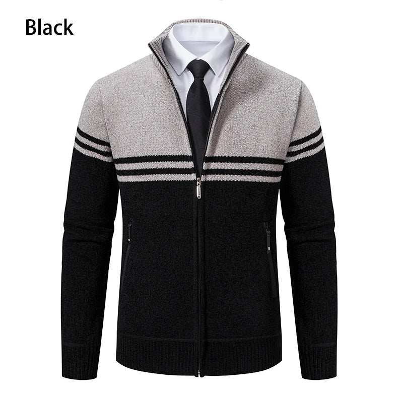 Men's New Winter Sweater Thick Fleece Warm Sweater Casual Stand Collar Zipper Cardigan Fashion Striped Coat