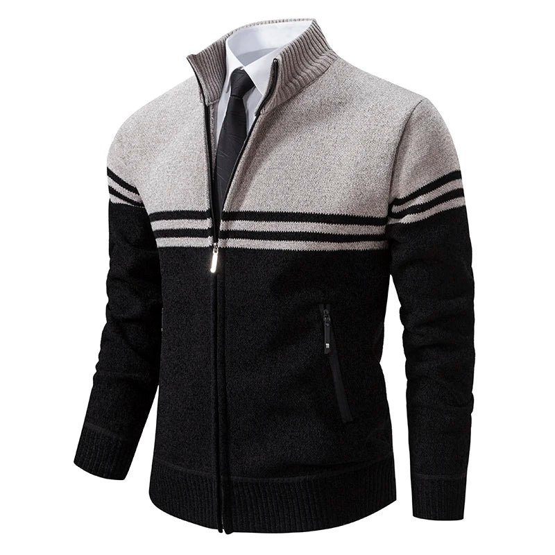 Men's New Winter Sweater Thick Fleece Warm Sweater Casual Stand Collar Zipper Cardigan Fashion Striped Coat