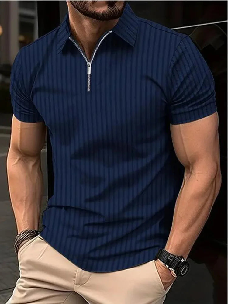 Summer Men Stripe Fashion Short Sleeve Lightweight Business Casual Polo Shirt Half Zip Solid Elastic Office Short Sleeve T-shirt