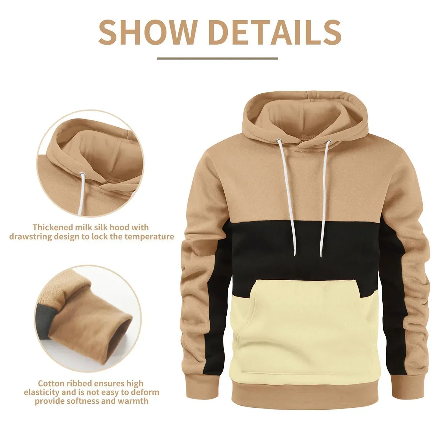 Men's Patchwork Hooded Sweatshirt Hoodies Clothing Casual Loose Fleece Warm Streetwear Male Fashion Autumn Winter Sports Outwear