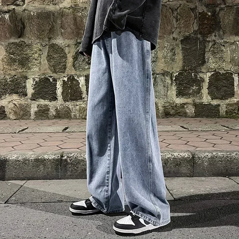 2024 New Streetwear Loose Jeans Men Korean Style Fashion Loose Straight Wide Leg Pants Men's Brand Clothing Black Light Blue