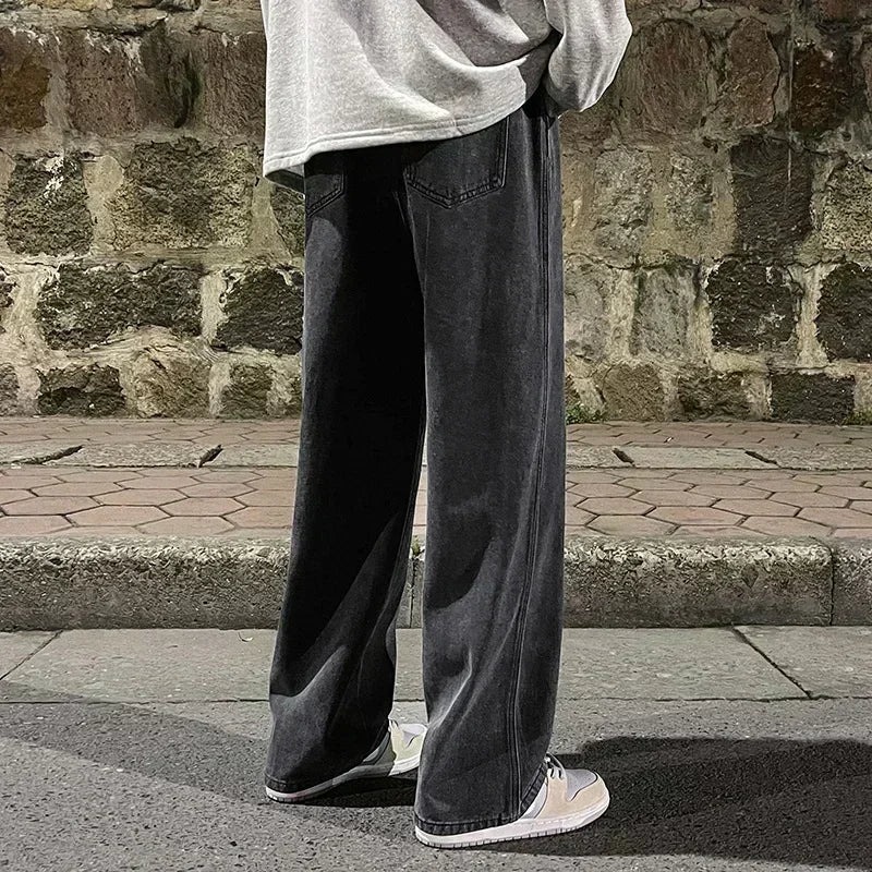 2024 New Streetwear Loose Jeans Men Korean Style Fashion Loose Straight Wide Leg Pants Men's Brand Clothing Black Light Blue