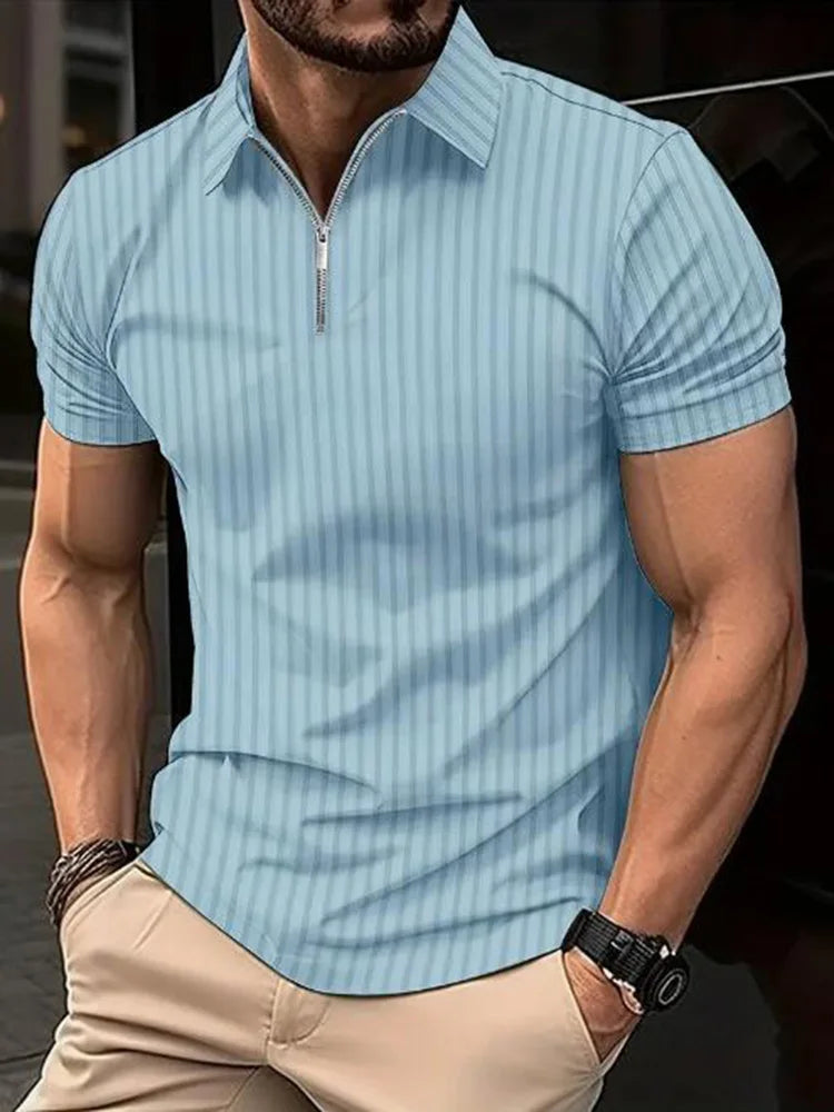 Summer Men Stripe Fashion Short Sleeve Lightweight Business Casual Polo Shirt Half Zip Solid Elastic Office Short Sleeve T-shirt