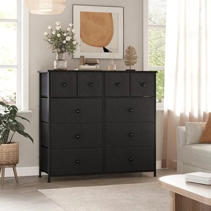 10 Drawer Dresser for Bedroom Fabric Storage Tower Wide Black Dresser with Wood Top Sturdy Steel Frame Storage