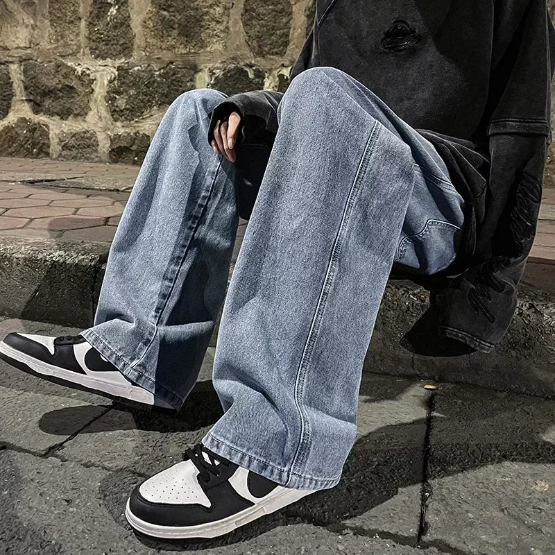 2024 New Streetwear Loose Jeans Men Korean Style Fashion Loose Straight Wide Leg Pants Men's Brand Clothing Black Light Blue