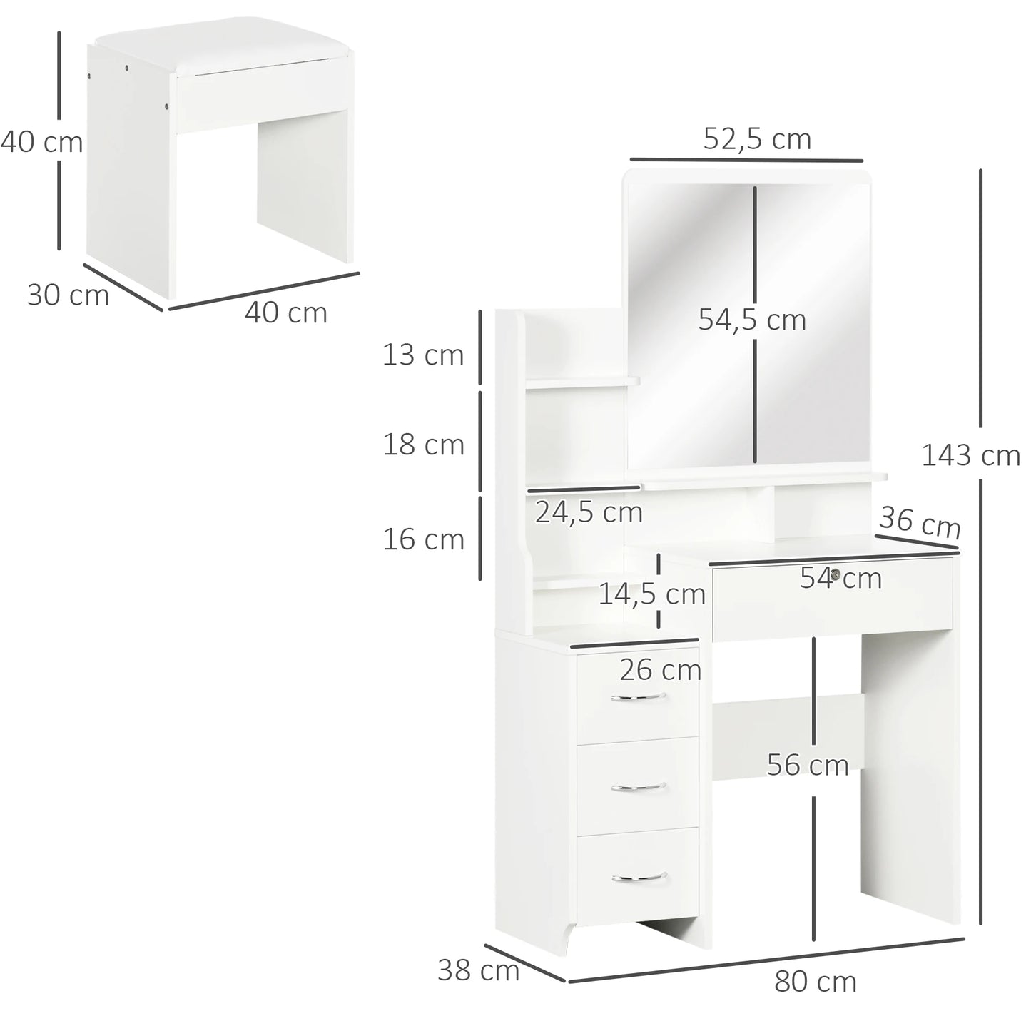 HOMCOM makeup dresser with mirror stool 4 drawers 80x38x143 cm White