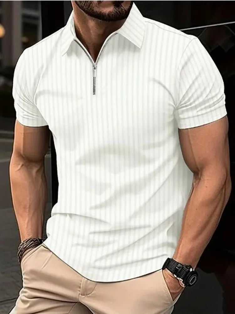 Summer Men Stripe Fashion Short Sleeve Lightweight Business Casual Polo Shirt Half Zip Solid Elastic Office Short Sleeve T-shirt