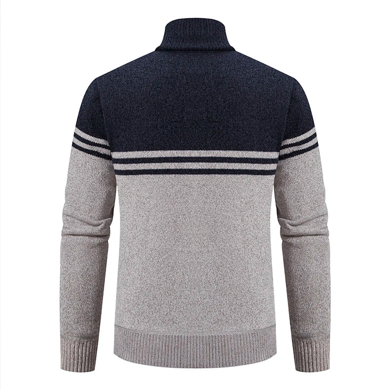 Men's New Winter Sweater Thick Fleece Warm Sweater Casual Stand Collar Zipper Cardigan Fashion Striped Coat