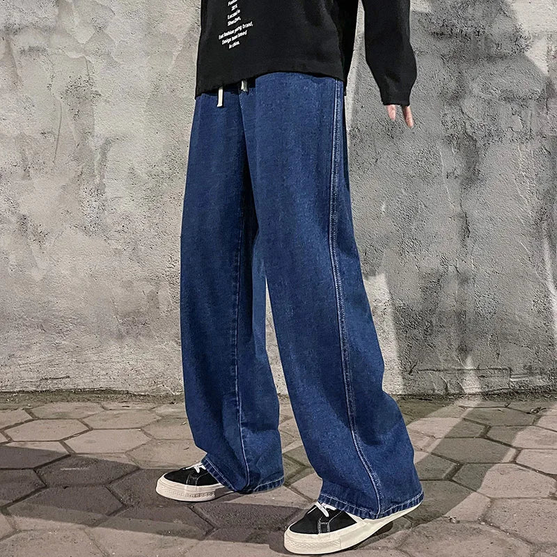 2024 New Streetwear Loose Jeans Men Korean Style Fashion Loose Straight Wide Leg Pants Men's Brand Clothing Black Light Blue