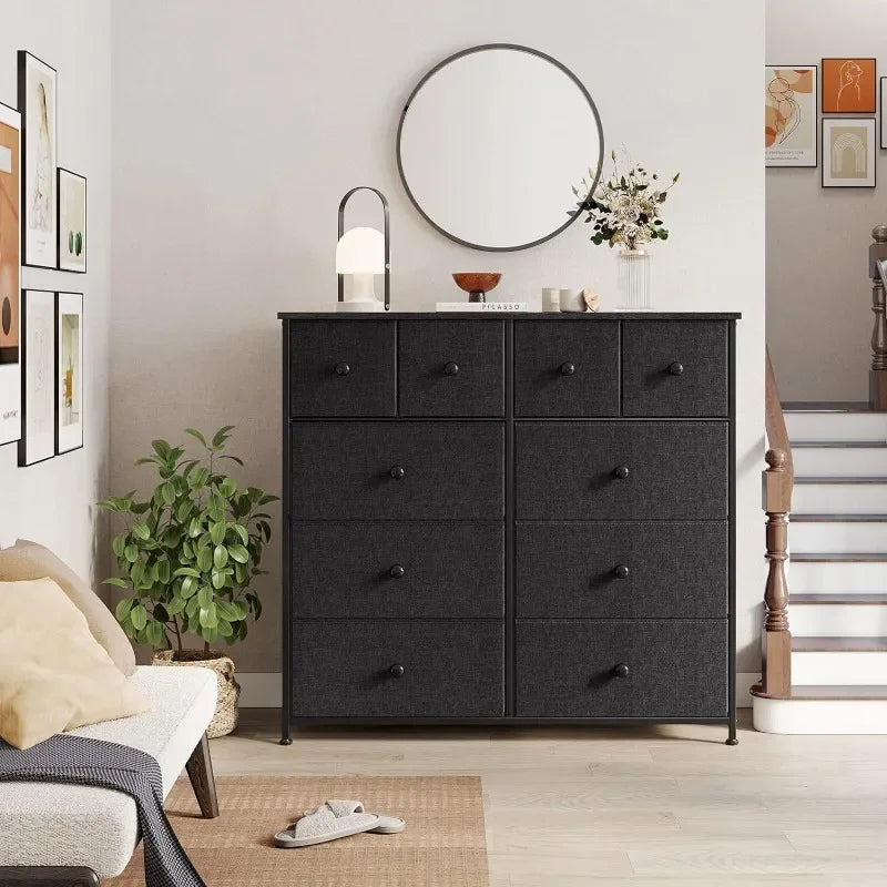 10 Drawer Dresser for Bedroom Fabric Storage Tower Wide Black Dresser with Wood Top Sturdy Steel Frame Storage