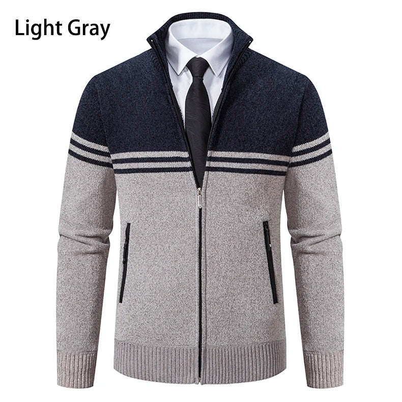 Men's New Winter Sweater Thick Fleece Warm Sweater Casual Stand Collar Zipper Cardigan Fashion Striped Coat