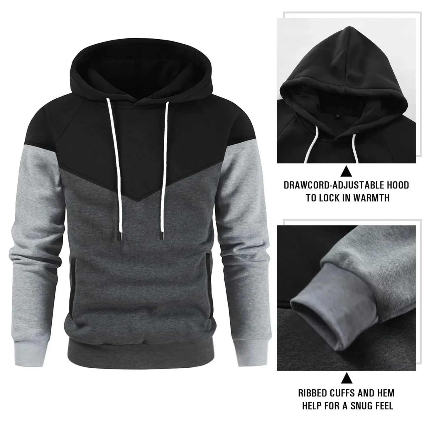 Men's Patchwork Hooded Sweatshirt Hoodies Clothing Casual Loose Fleece Warm Streetwear Male Fashion Autumn Winter Sports Outwear