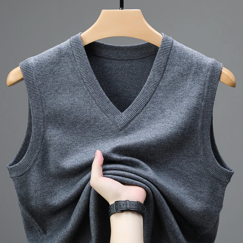 2024 New Spring Autumn 6 Wool Sleeveless Cashmere Vest Men Work Sweater Solid Color Knitted Male Waistcoat High Quality Pullover