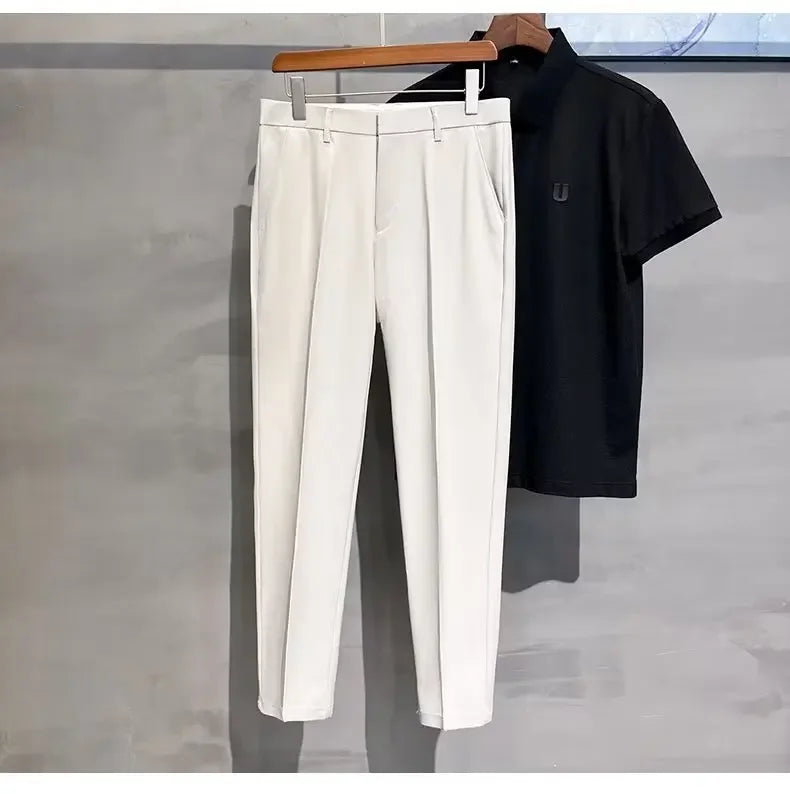 2023 Summer New Men's Cropped Pants Korean Style Trendy Casual Slim Fit Suit Pants Lightweight Smooth Out Your Silhouette