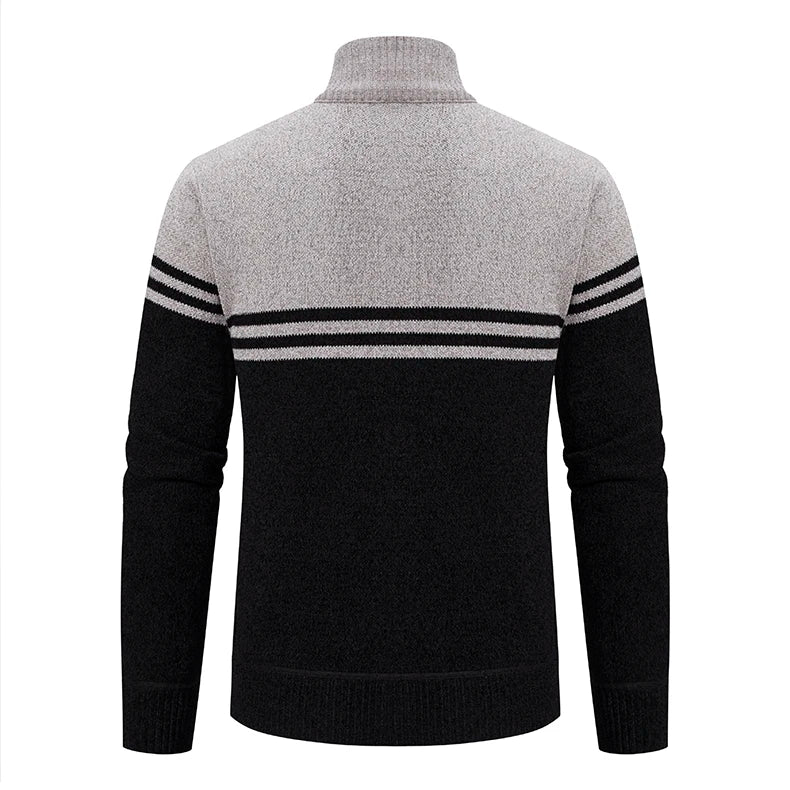 Men's New Winter Sweater Thick Fleece Warm Sweater Casual Stand Collar Zipper Cardigan Fashion Striped Coat