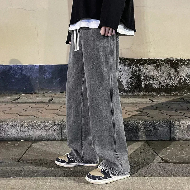 2024 New Streetwear Loose Jeans Men Korean Style Fashion Loose Straight Wide Leg Pants Men's Brand Clothing Black Light Blue