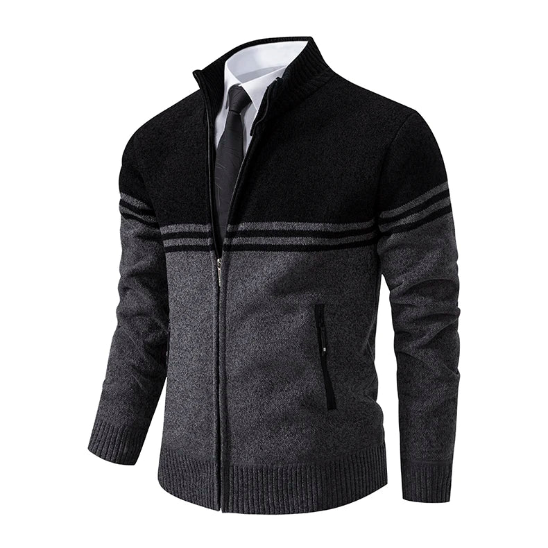 Men's New Winter Sweater Thick Fleece Warm Sweater Casual Stand Collar Zipper Cardigan Fashion Striped Coat