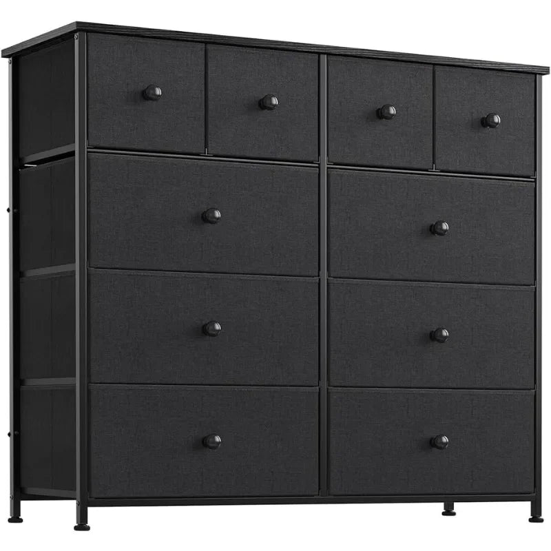 10 Drawer Dresser for Bedroom Fabric Storage Tower Wide Black Dresser with Wood Top Sturdy Steel Frame Storage