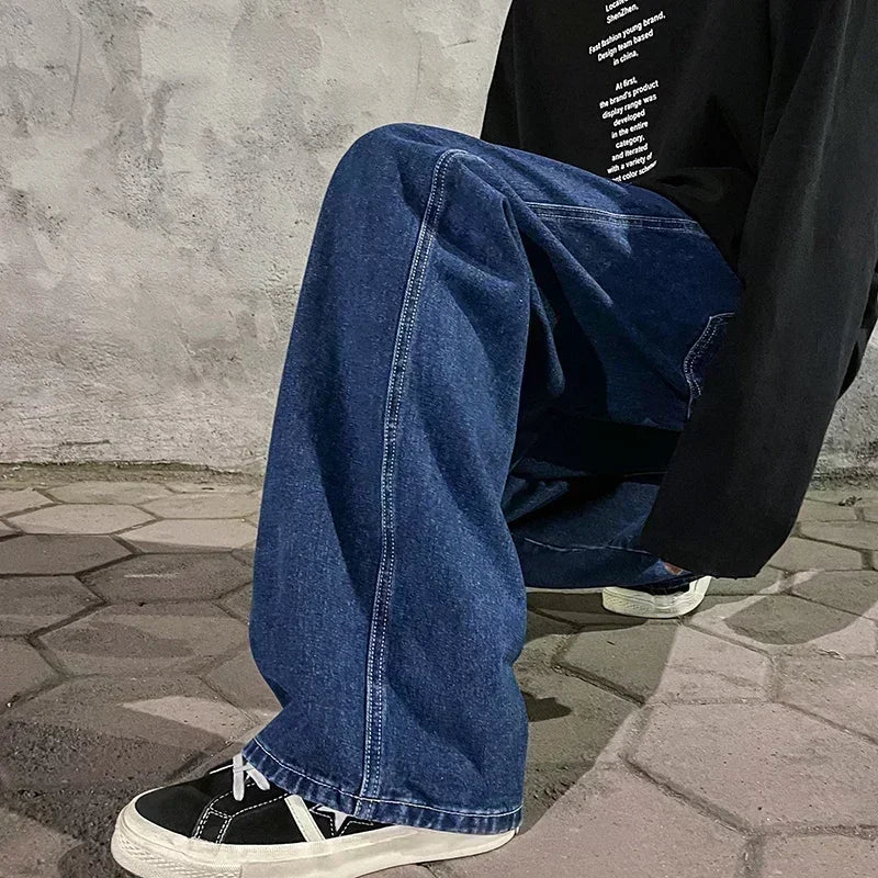 2024 New Streetwear Loose Jeans Men Korean Style Fashion Loose Straight Wide Leg Pants Men's Brand Clothing Black Light Blue