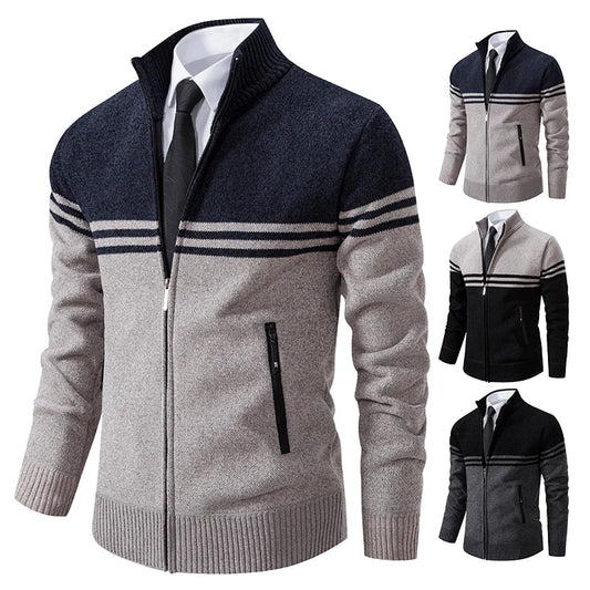 Men's New Winter Sweater Thick Fleece Warm Sweater Casual Stand Collar Zipper Cardigan Fashion Striped Coat