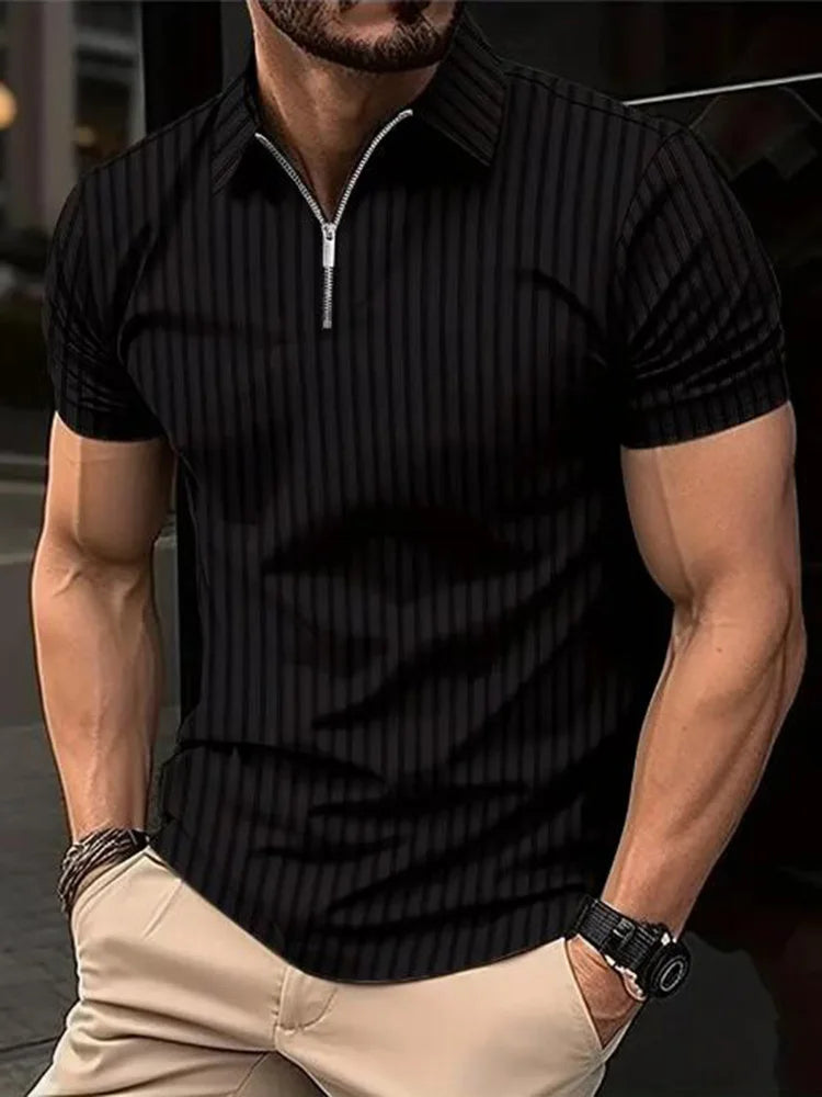 Summer Men Stripe Fashion Short Sleeve Lightweight Business Casual Polo Shirt Half Zip Solid Elastic Office Short Sleeve T-shirt