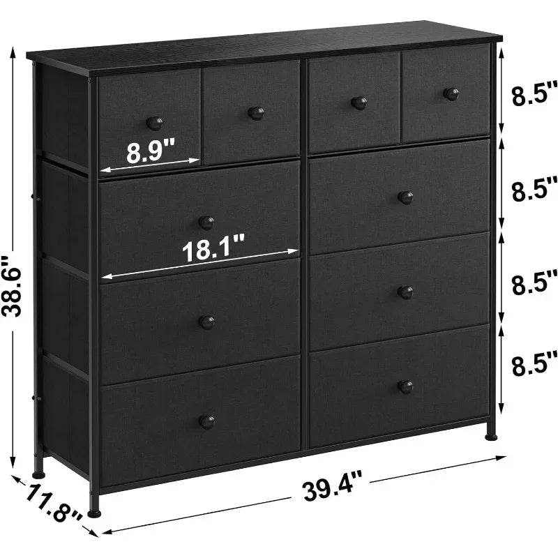 10 Drawer Dresser for Bedroom Fabric Storage Tower Wide Black Dresser with Wood Top Sturdy Steel Frame Storage