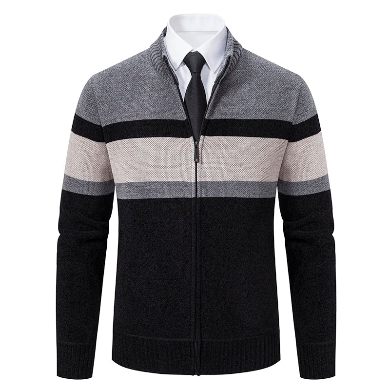 Men's New Winter Sweater Thick Fleece Warm Sweater Casual Stand Collar Zipper Cardigan Fashion Striped Coat