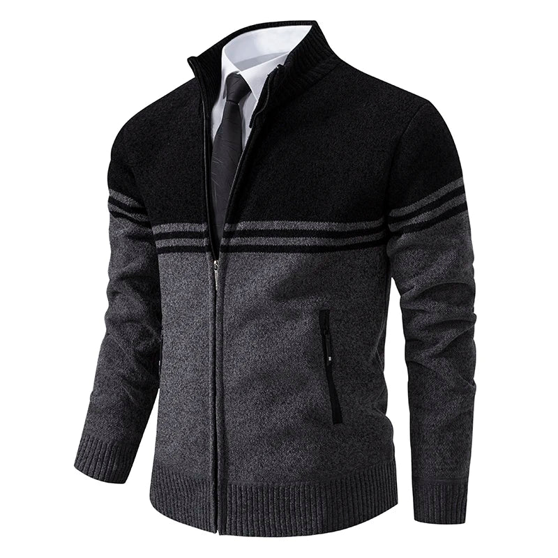 Men's New Winter Sweater Thick Fleece Warm Sweater Casual Stand Collar Zipper Cardigan Fashion Striped Coat