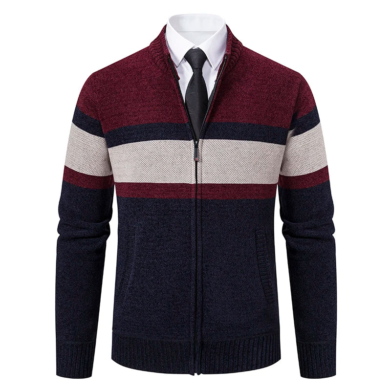 Men's New Winter Sweater Thick Fleece Warm Sweater Casual Stand Collar Zipper Cardigan Fashion Striped Coat