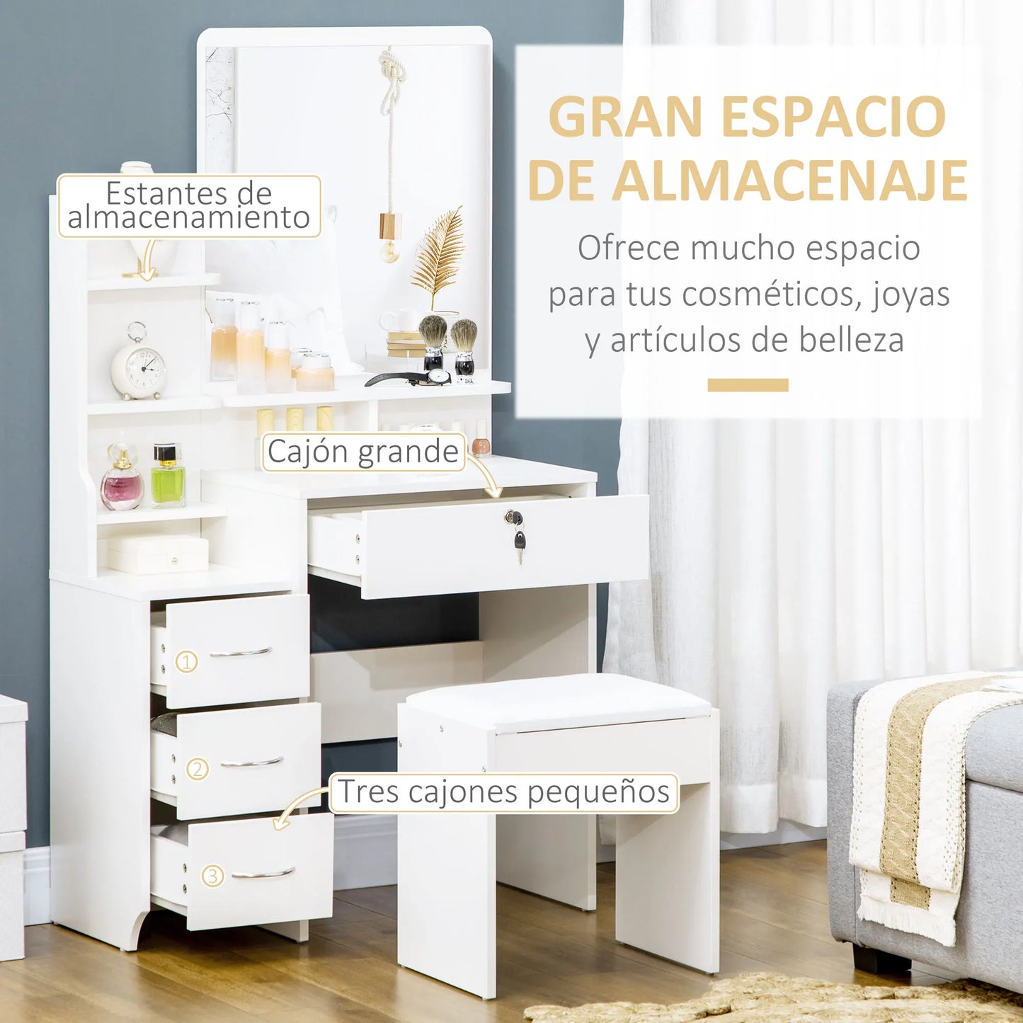 HOMCOM makeup dresser with mirror stool 4 drawers 80x38x143 cm White