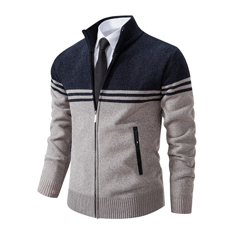 Men's New Winter Sweater Thick Fleece Warm Sweater Casual Stand Collar Zipper Cardigan Fashion Striped Coat