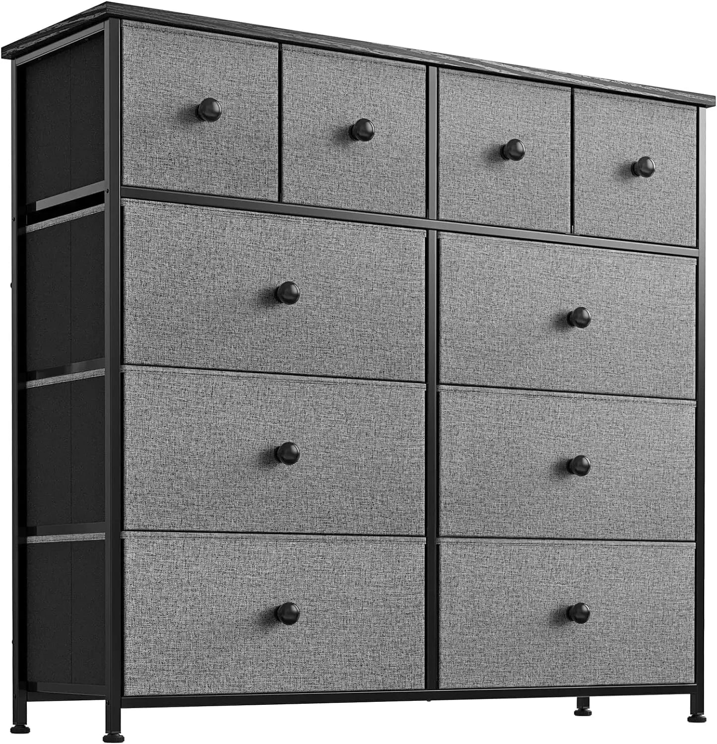 10 Drawer Dresser for Bedroom Fabric Storage Tower Wide Black Dresser with Wood Top Sturdy Steel Frame Storage