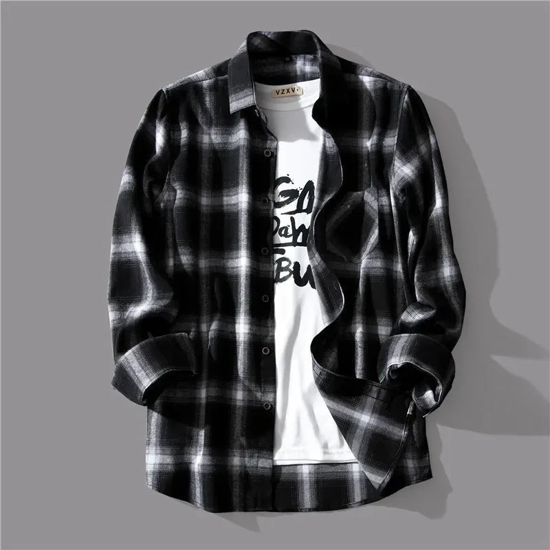 Trendy Black White Plaid Shirt Men's Korean Style Loose Fit Casual Long Sleeve Top Jacket Fashionable Spring Autumn