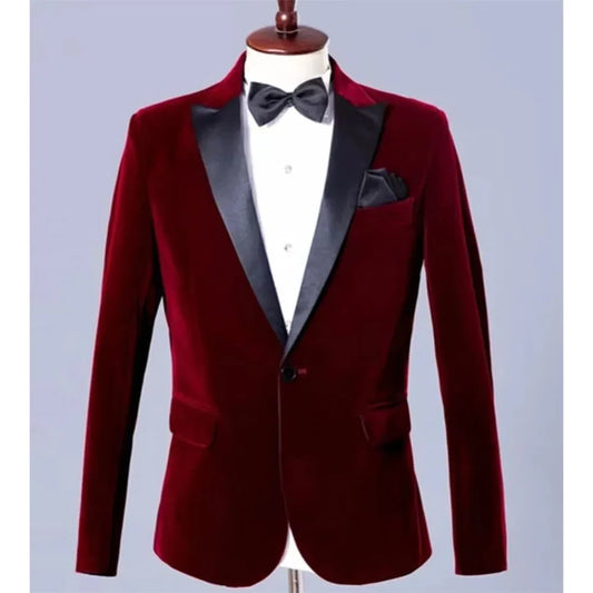 Luxury Men's Blazer Single Breasted Black Peak Lapel Regular Length One Piece Jacket Velvet Wedding Suits High Quality Slim Fit