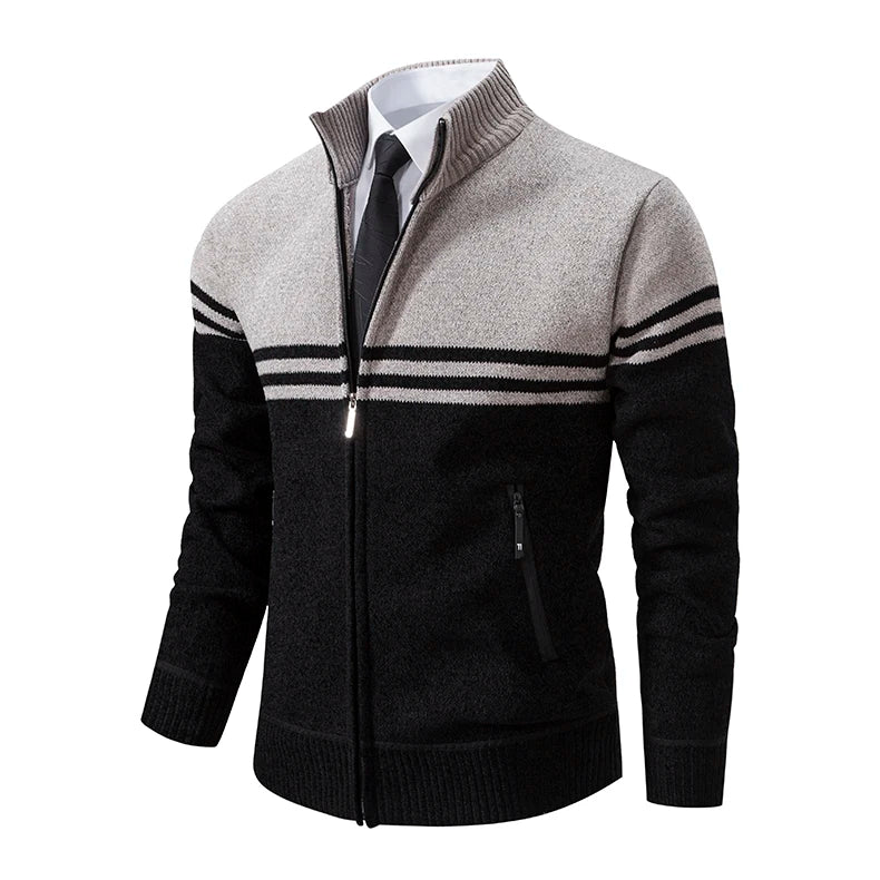 Men's New Winter Sweater Thick Fleece Warm Sweater Casual Stand Collar Zipper Cardigan Fashion Striped Coat