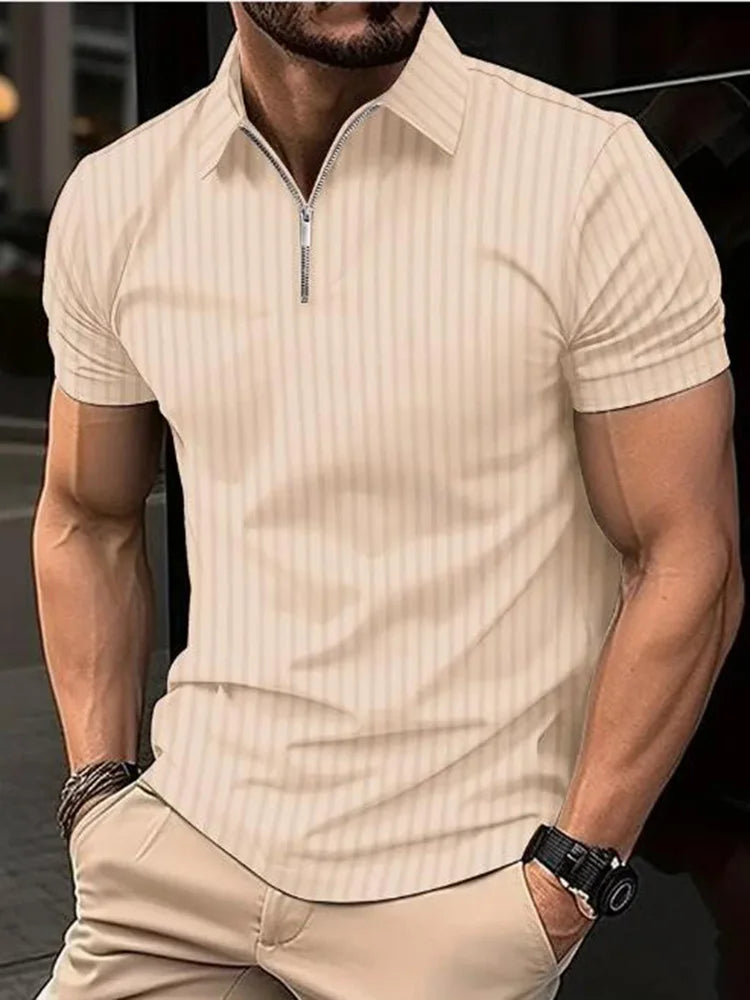 Summer Men Stripe Fashion Short Sleeve Lightweight Business Casual Polo Shirt Half Zip Solid Elastic Office Short Sleeve T-shirt