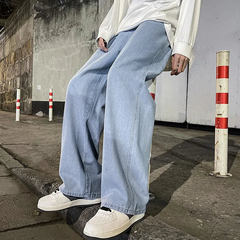 2024 New Streetwear Loose Jeans Men Korean Style Fashion Loose Straight Wide Leg Pants Men's Brand Clothing Black Light Blue