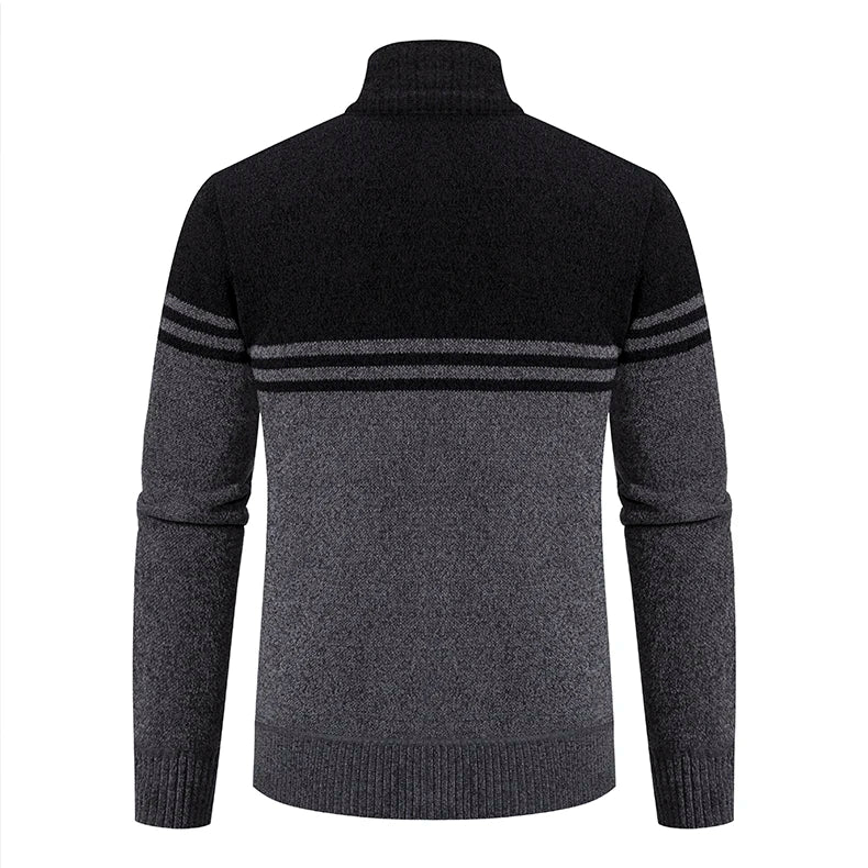 Men's New Winter Sweater Thick Fleece Warm Sweater Casual Stand Collar Zipper Cardigan Fashion Striped Coat