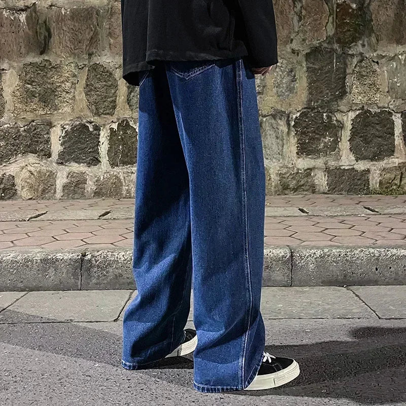 2024 New Streetwear Loose Jeans Men Korean Style Fashion Loose Straight Wide Leg Pants Men's Brand Clothing Black Light Blue