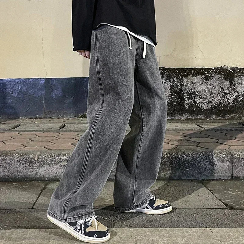 2024 New Streetwear Loose Jeans Men Korean Style Fashion Loose Straight Wide Leg Pants Men's Brand Clothing Black Light Blue