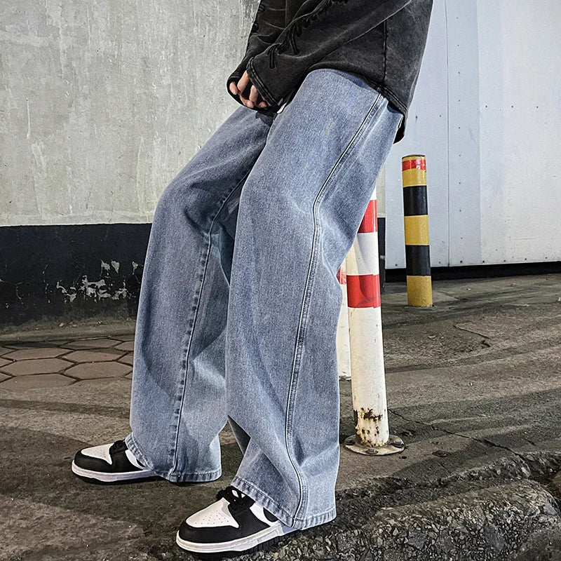 2024 New Streetwear Loose Jeans Men Korean Style Fashion Loose Straight Wide Leg Pants Men's Brand Clothing Black Light Blue