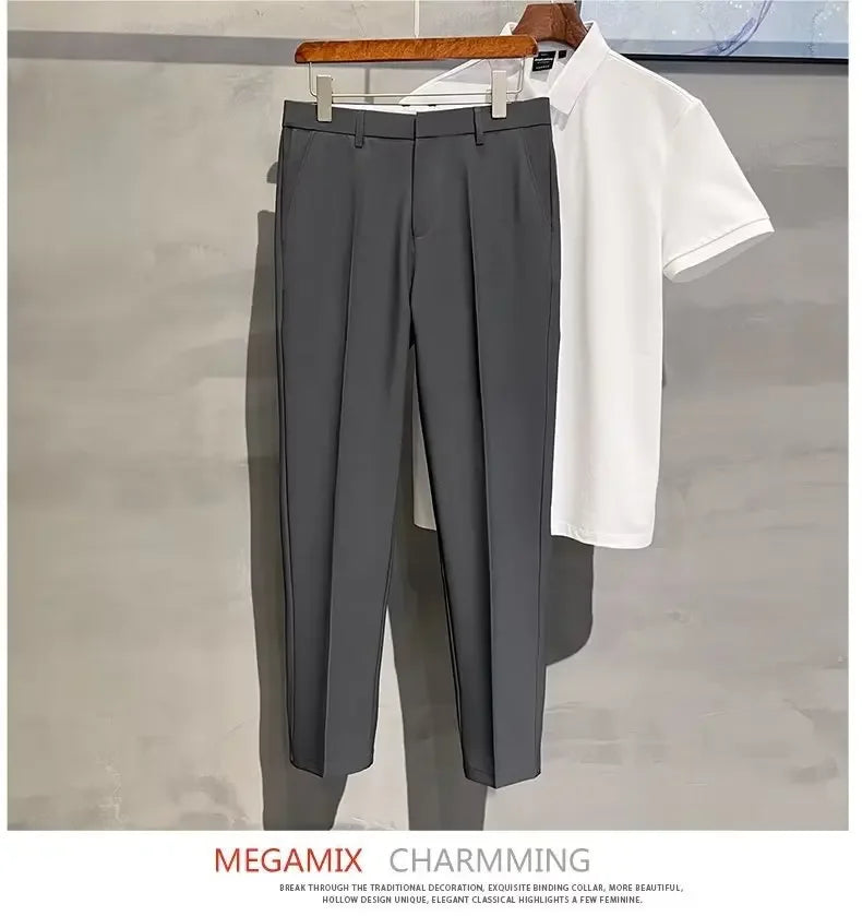 2023 Summer New Men's Cropped Pants Korean Style Trendy Casual Slim Fit Suit Pants Lightweight Smooth Out Your Silhouette