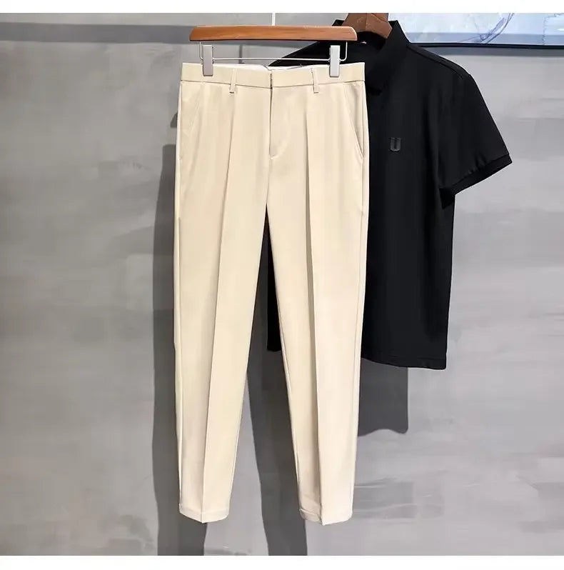 2023 Summer New Men's Cropped Pants Korean Style Trendy Casual Slim Fit Suit Pants Lightweight Smooth Out Your Silhouette